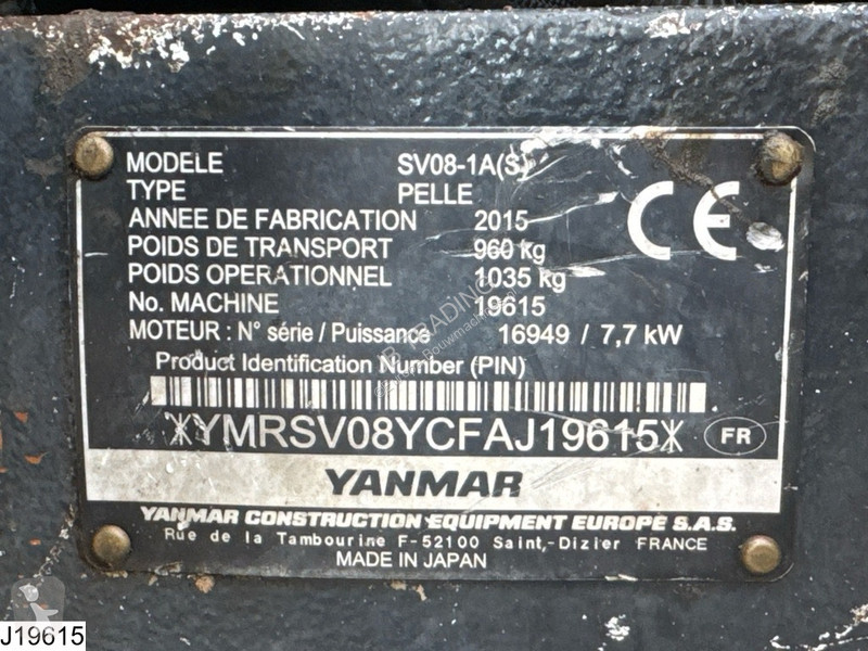 Skovel Yanmar 1A 2700 hr, 2015, 1035 kg, 7,7 kW