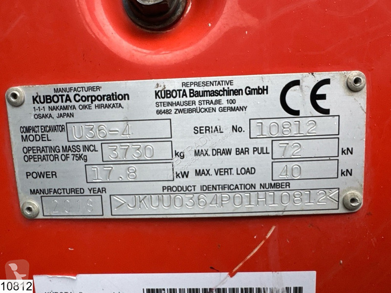 Escavadora Kubota U 36 17,8 kW, 1.794 hours