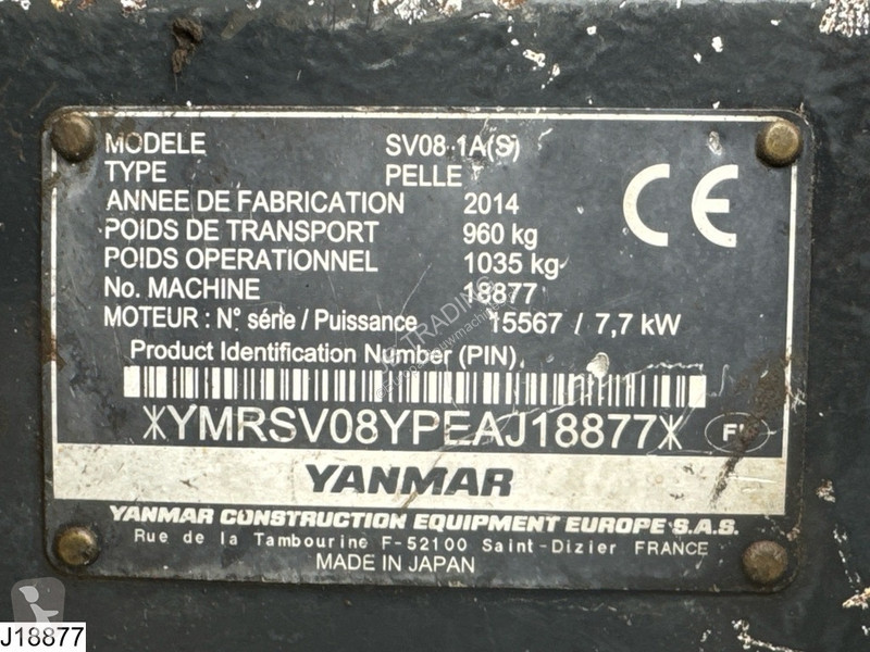 Skovel Yanmar 1A 3100 hr, 2014, 1035 kg, 7,7 kW