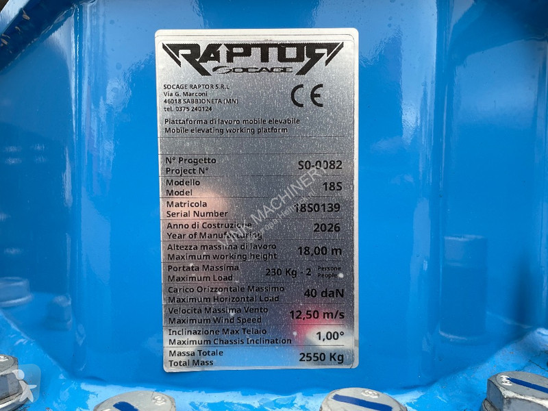 Plataforma elevadora Socage Raptor 18 S