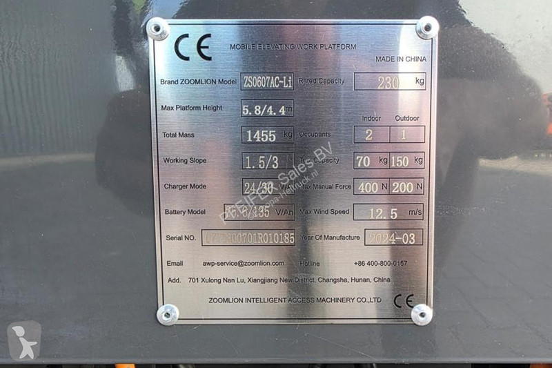 Nacelle Zoomlion ZS0607AC Li Unused, Valid...
