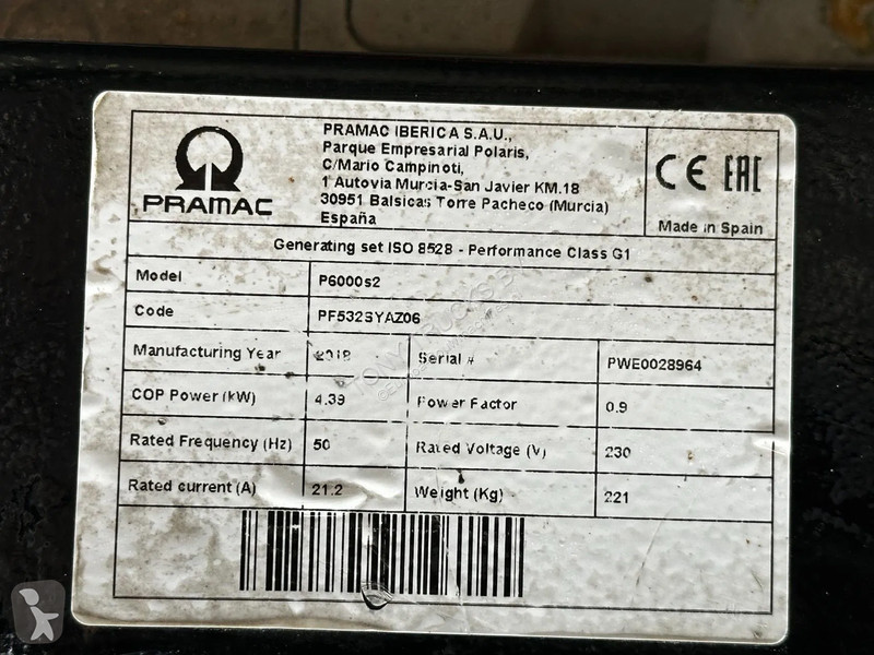 Entreprenørmaskiner Pramac P6000S2 6KVA Generator