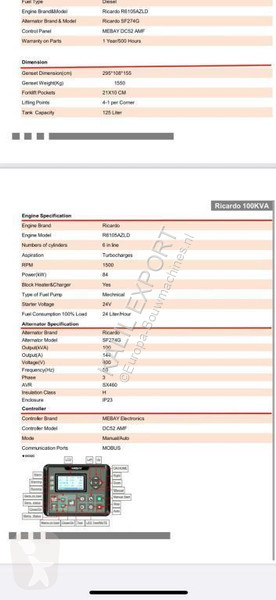 آلة لمواقع البناء Ricardo 100 KVA (80KW) Silent...