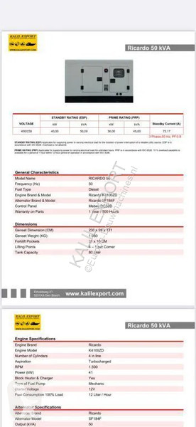آلة لمواقع البناء Ricardo 50 KVA (40KW) Silent...