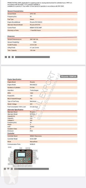 آلة لمواقع البناء Ricardo 150 KVA (120KW)...
