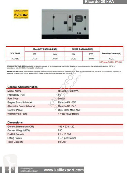 Entreprenørmaskiner Ricardo 30 KVA (24KW)...