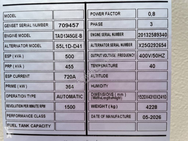Stavebný stroj Volvo TAD1345GE - 500 kVA...
