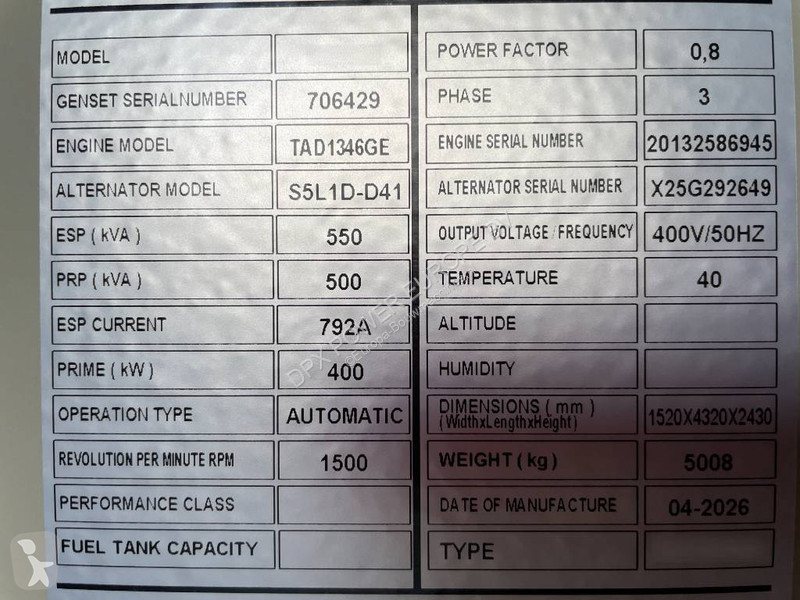 Stavebný stroj Volvo TAD1346GE - 550 kVA...