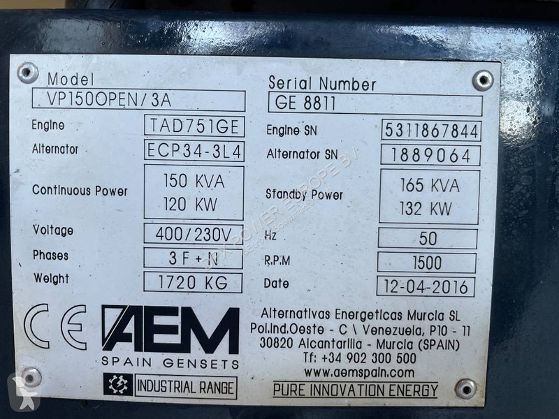 Volvo TAD751GE - 165 kVA generator - DPX-12656...