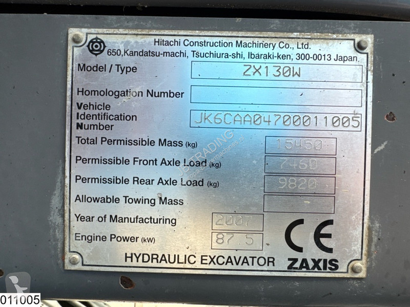 轮胎式挖掘机二手日立ZX 130 W 4x4, 87,5 kW, 13885 h, 2-piece boom