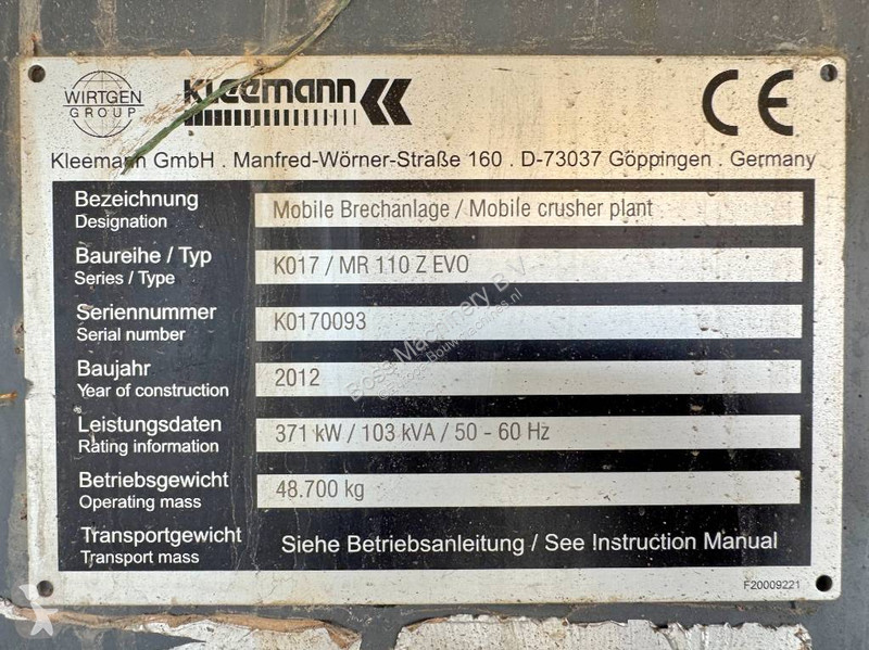Knusning, genvinding Kleemann MR110Z EVO - NEW...