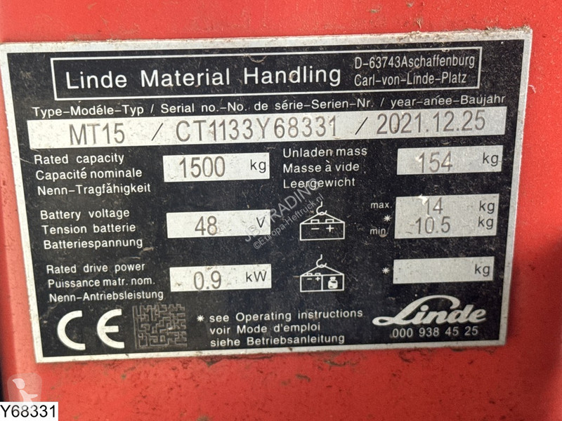 Transpalet Linde MT 15 1500 kg, 0,9 kW, 2021