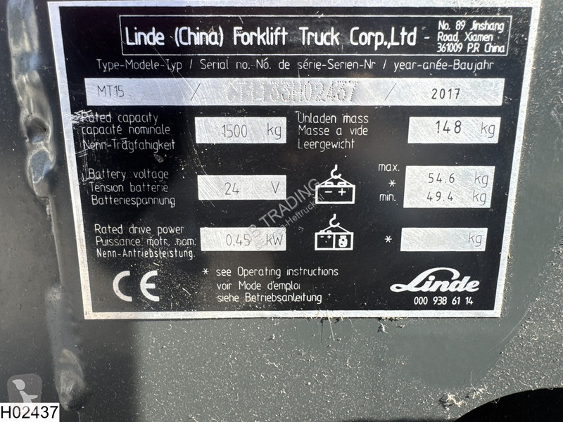 Transpalet Linde MT 15 1500 kg, 0,45 kW, 2017