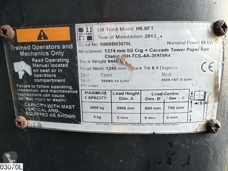 Heftruck Hyster H5.5FT 5500 KG, H 5.82 mtr, 55 KW