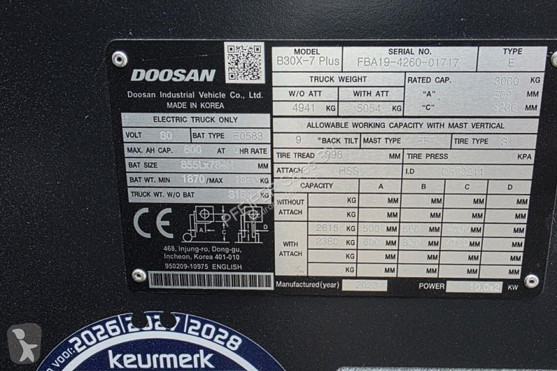 رافعة شوكية Doosan B30X-7 Plus Electric, 3 Tons...