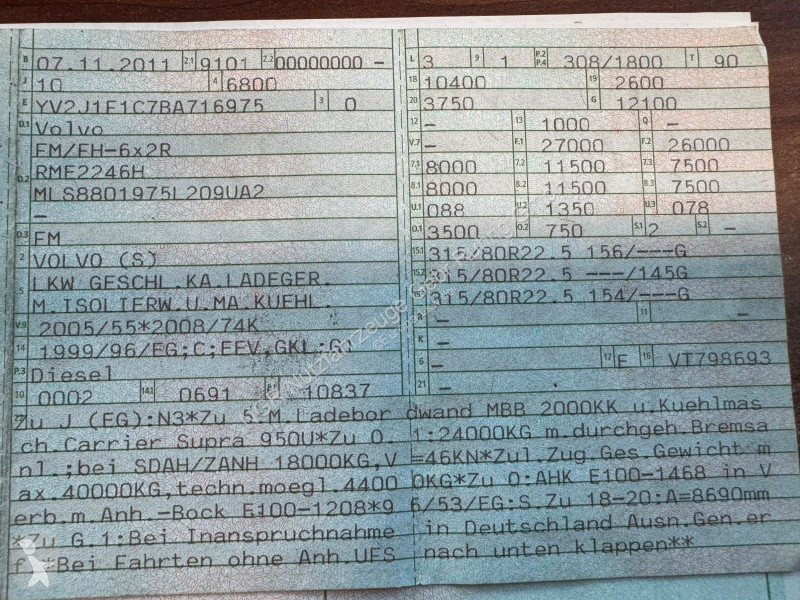 شاحنة Volvo 6X2 Kühlkoffer mit Carrier Diesel...