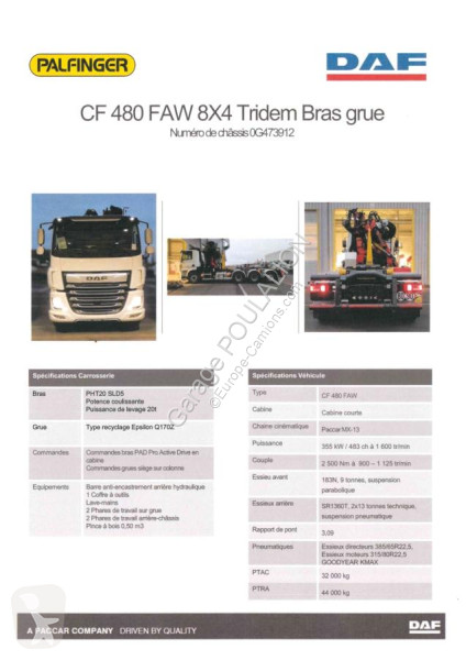 Lastbil DAF grue PALFINGER Epsilon  480 FAW 8x2x4