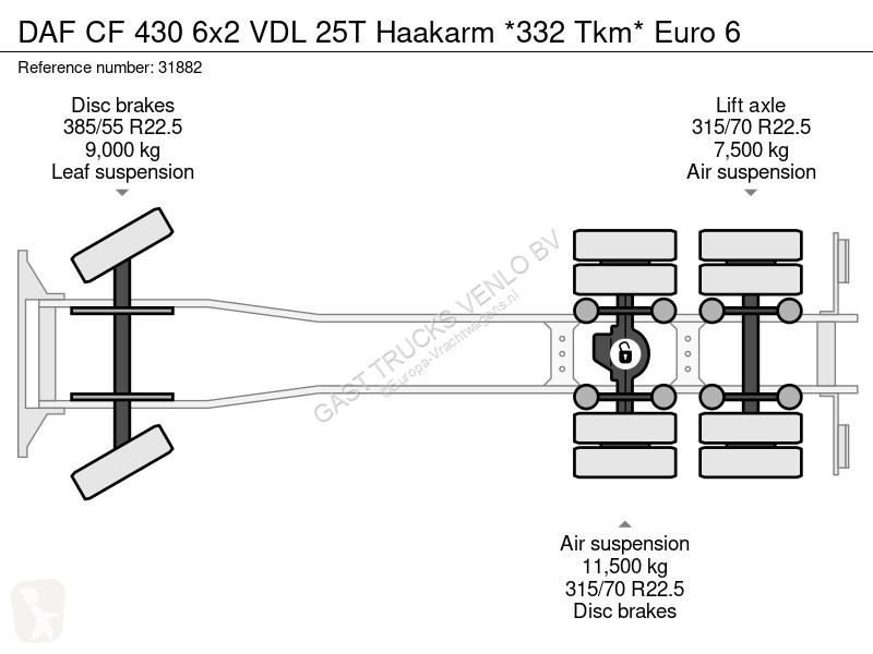 Vrachtwagen DAF 430 6x2 VDL 25T Haakarm *332...
