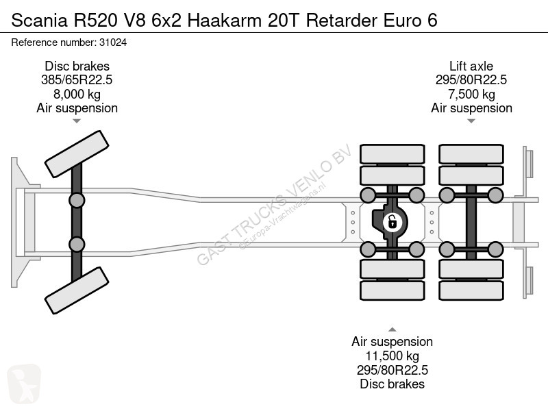 Kamion Scania 520 V8 6x2 Haakarm 20T etarder...