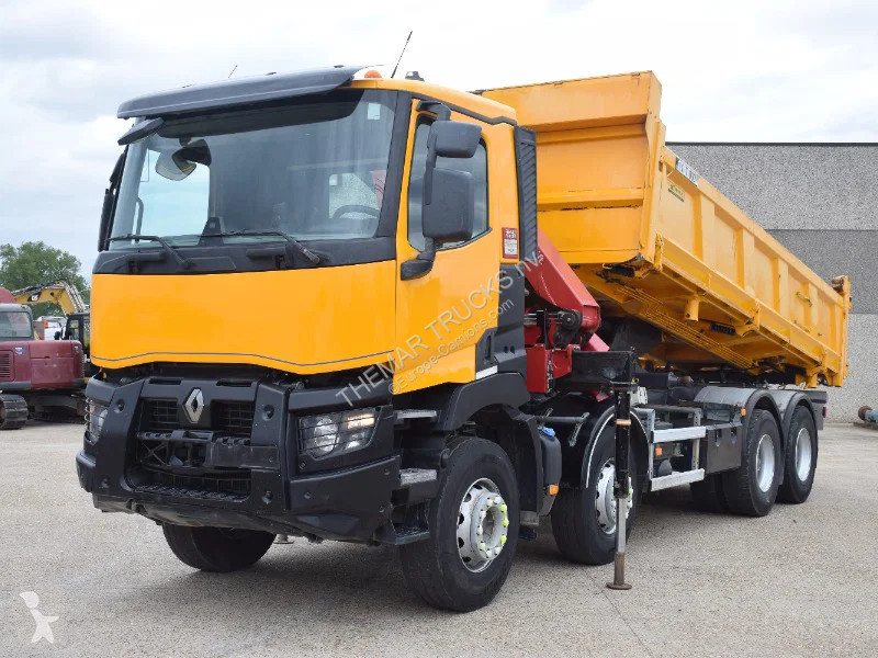 شاحنة Renault C430 2 side tipper + Crane HMF...
