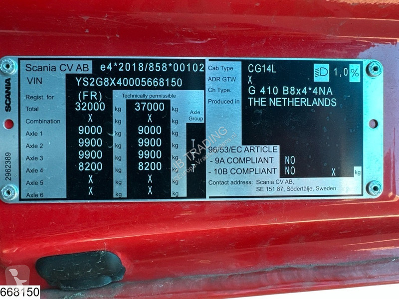 شاحنة Scania 410 EURO 6e, CN, 8x4, Retarder, Fassi