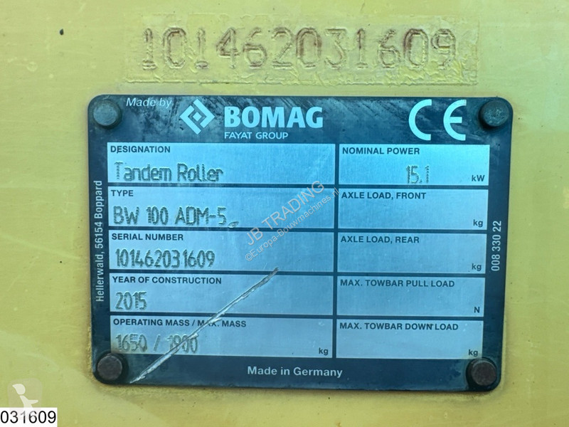 Compactador Bomag 100ADM-5 667 hr, 2015, 15,1 kW